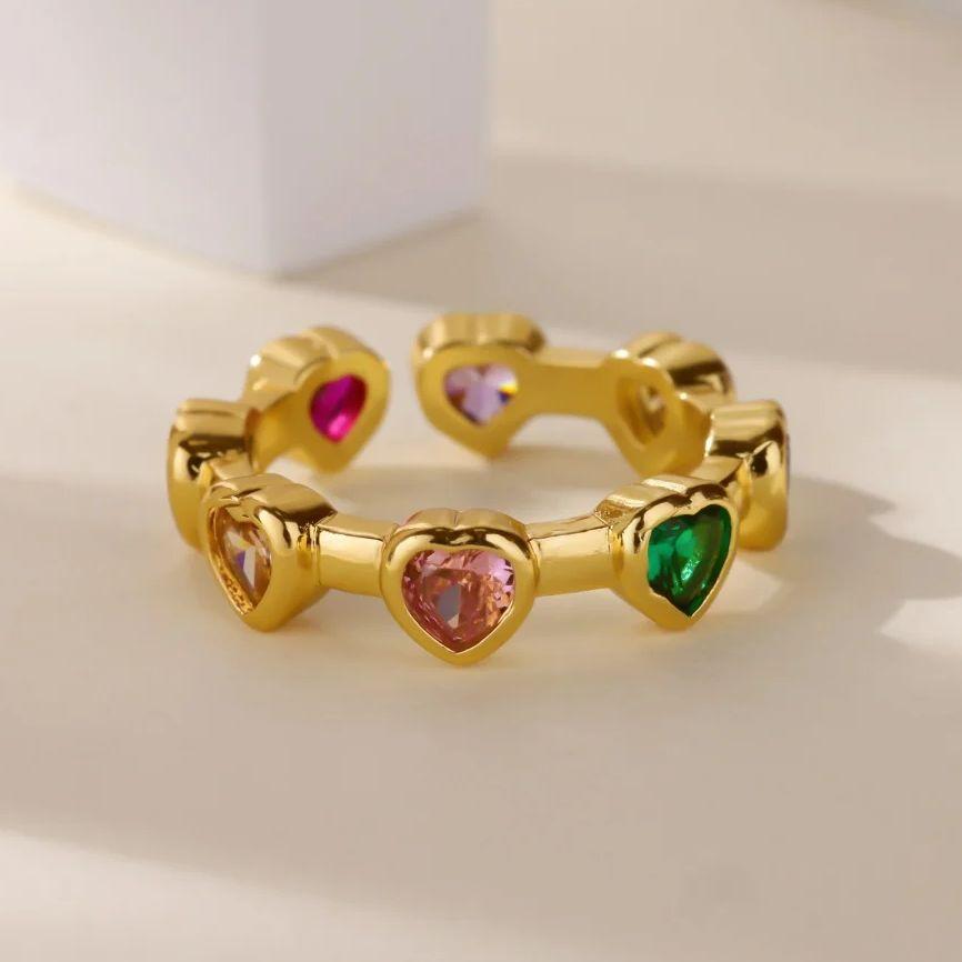 Colored Zircon Stainless Steel Heart Rings For Women Gold Color Heart Opening Ring Wedding Christmas Jewelry Gift