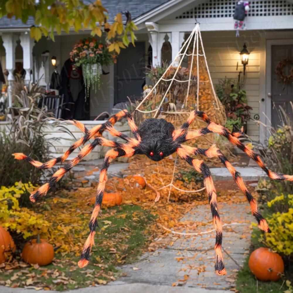 Halloween Spider Props Decoration 50'' Giant Scary Spider+200'' Triangular Giant Spider Web for Halloween Yard Lawn Party Decor