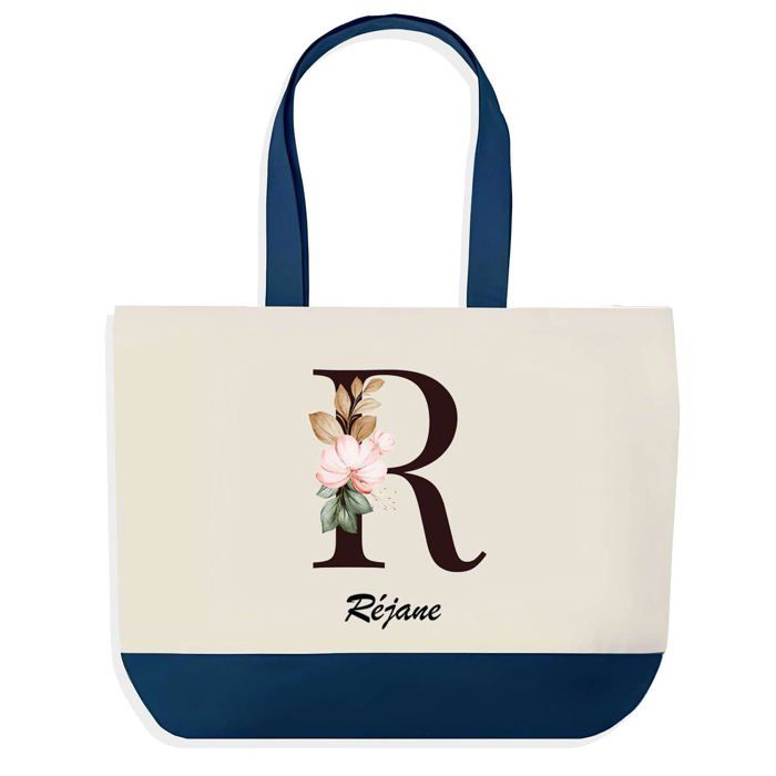 Tote bag - PLANETEE - Réjane - fond bleu - Lettre Fleur - 40 x 45 cm