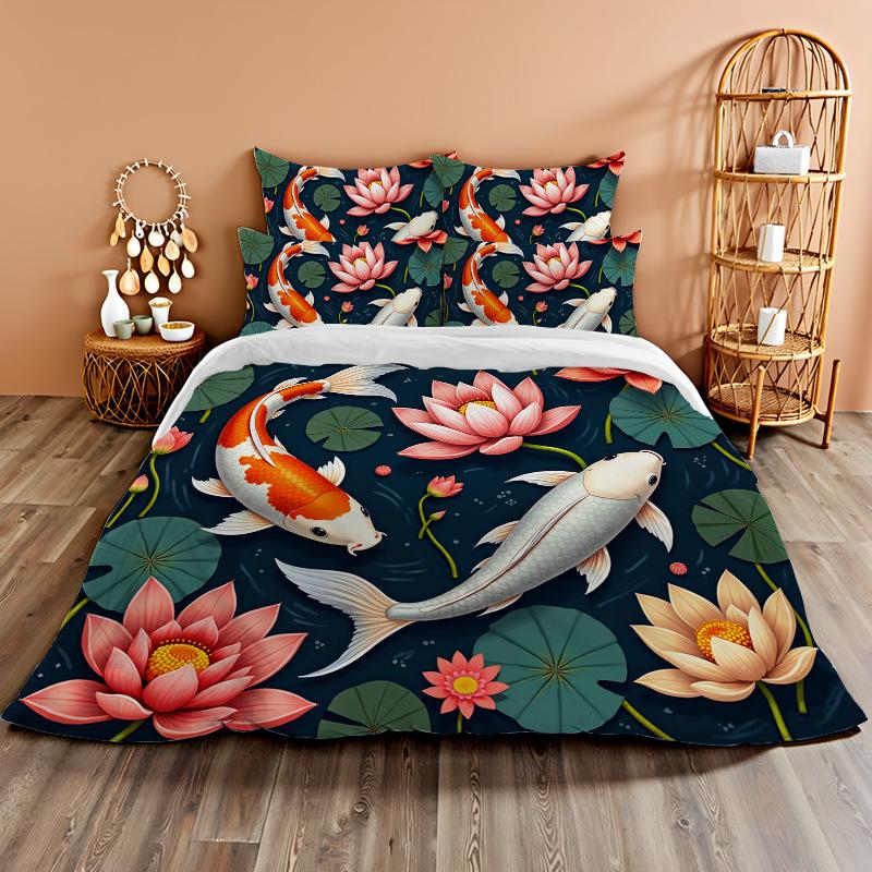 3D Digital Printing Bedding Two Or Three-Piece Set Koi Rich Flower Polyester Quilt Cover