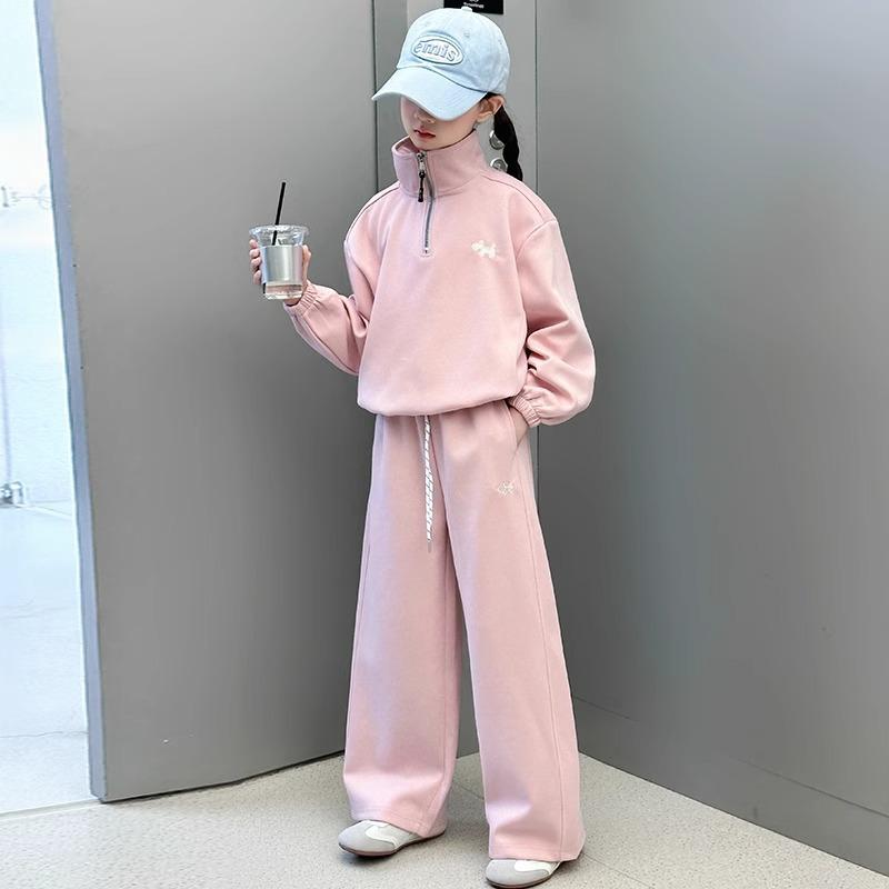 Autumn Teenager Cloth Children Set Loose Dog Turtleneck Sweatshirt Hooded + Wide Leg Pant Suit Tracksuit 4 8 10 12 14 Year