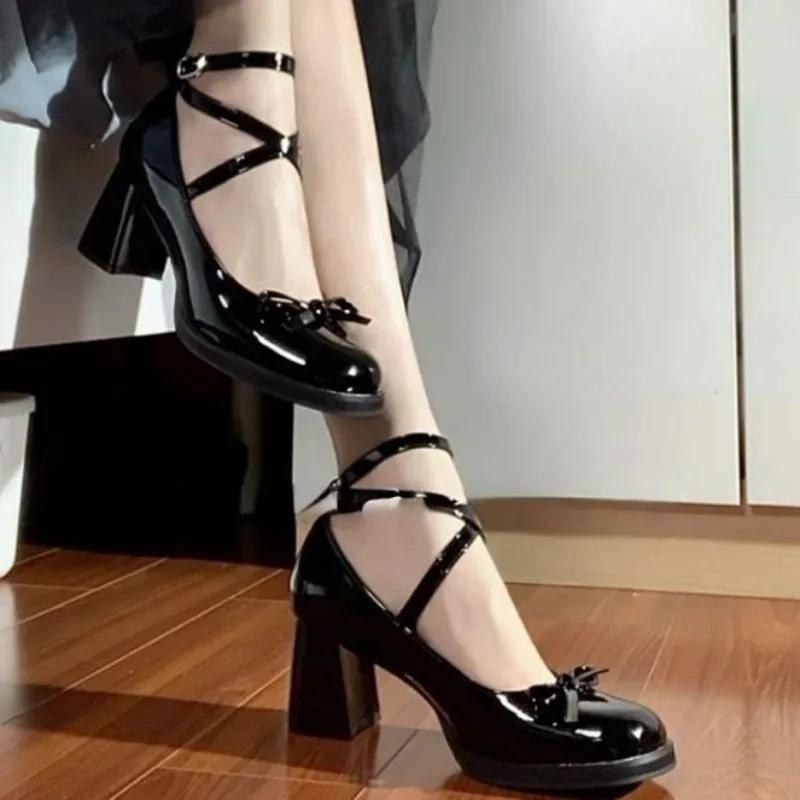 2026 New Black Retro Cross-Tie Pumps Casual Mary Jane Shoes Round Toe Shoes Ladies Lolita Sweet Fashion Shoes Woman Bow Designer