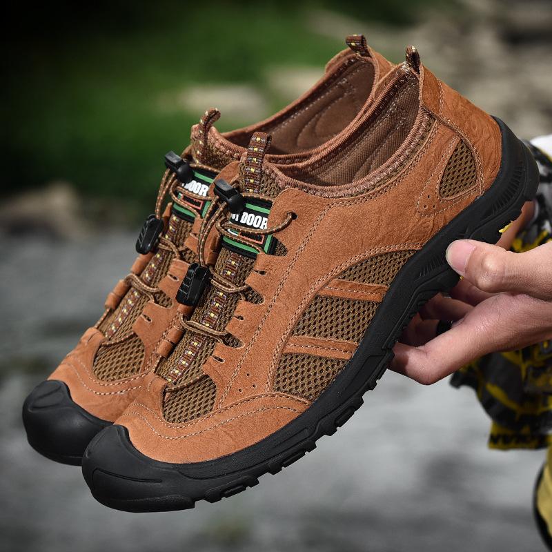 

Summer 2025 men s shoes outdoor hiking shoes leather breathable mesh men s casual shoes elastic climbing hiking shoes 44 світло-коричневого кольору