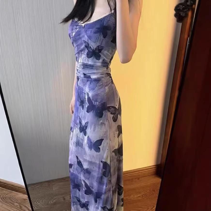 French seaside vacation purple butterfly floral suspender dress children summer sexy waist slim skirt