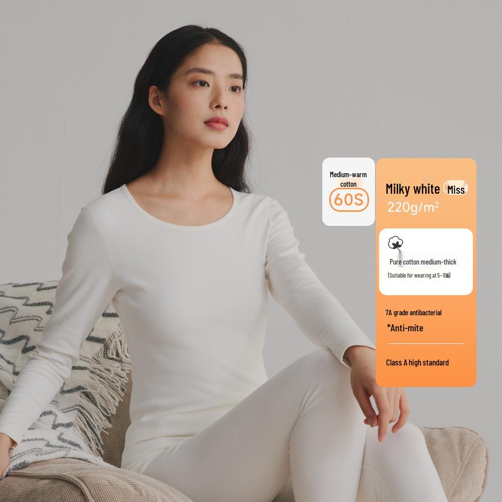 220g 95% Cotton Women's Autumn Warm Set: Antibacterial Round Neck Base Layer & Trousers.