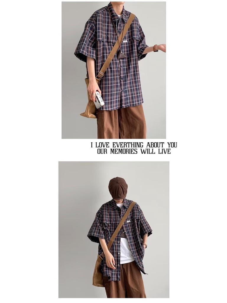 Men's Classic Japanese Retro Plaid Shirt - Short Sleeve, Loose Fit, Casual Summer Jacket.