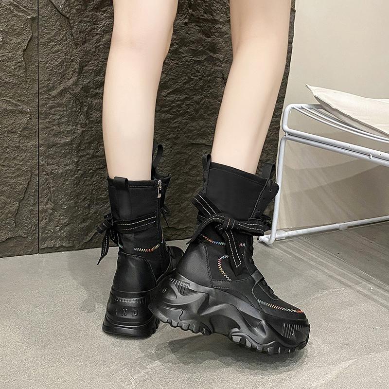 Fashion 8CM Women Chunky Mid-Calf Boots New Autumn Canvas High Platform Round Toe Ladies Shoes Tie Motorcycle Boots Winter Sneakers