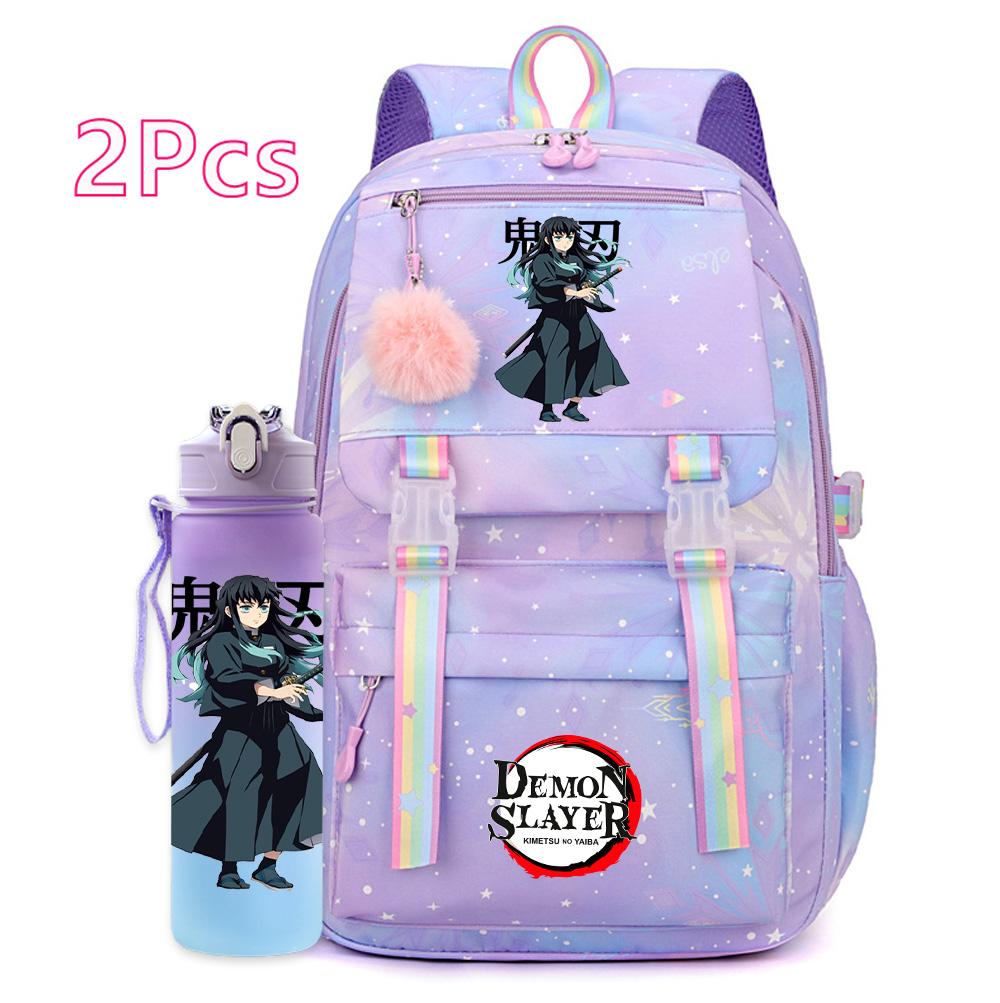 2Pcs/set Cartoon Demon Slayer Printed Backpack with 750Ml Water Bottler for Teenager Girl Boy Large Capacity Waterproof Bookbag Travel Bag Gift