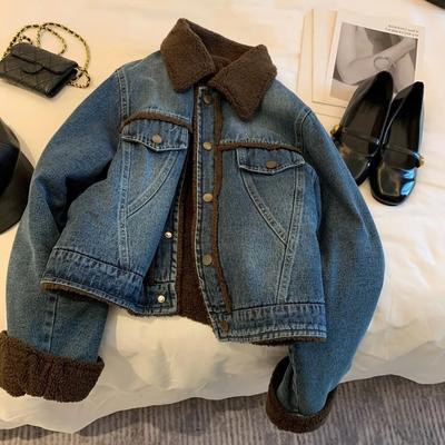 Lamb Cashmere Denim Winter Cotton-padded Jacket Women's New Thickened Small Fragrance Age-reducing Denim Jacket