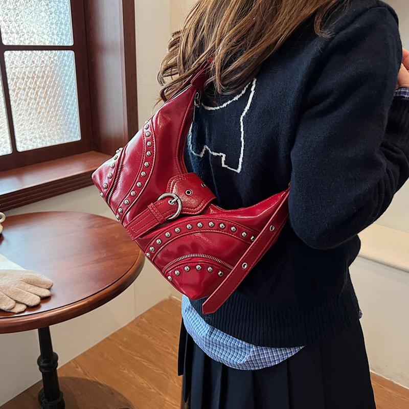 PU Leather Shoulder Bag for Women Rivets Studded Crescent Bag Buckle Underarm Bag Large Capacity Hobo Bag for Work Travel CLE