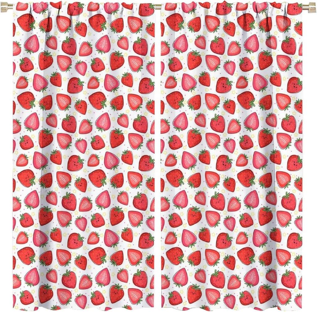 Boho Strawberries Curtains Cute Pink Bohemia Fruit Rod Pocket Blackout Window Treatment for Kitchen Living Room Girls Woman Room