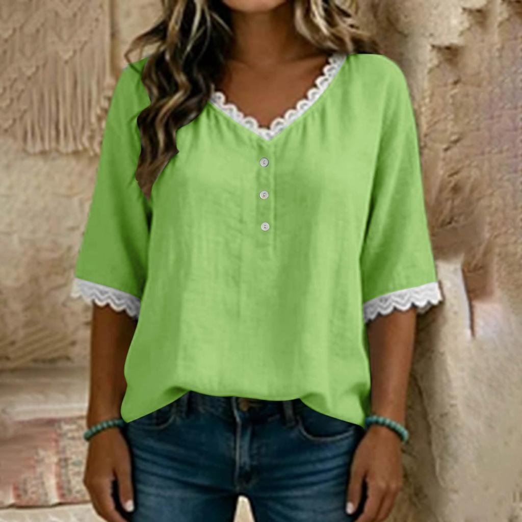 Women Short Sleeve Lace Tirm Shirts V Neck Button Shirts Loose Cotton Linen Tops