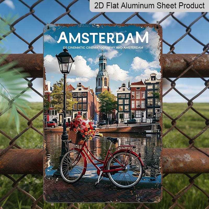 2D Flat, 1pc Vintage Amsterdam Aluminium Wall Art Sign "Cinematic Amsterdam" - 8"x12" Rustic Travel & Home Decor, Dutch Canal & Bicycle Wall Art