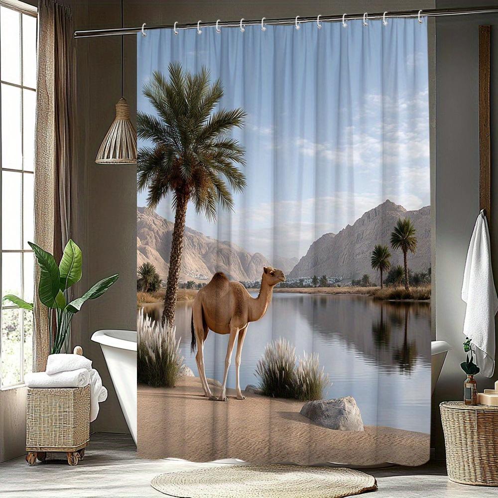 1 Stück Duschvorhang Wüstenlandschaft Kamel - 70,8 x 70,8 Zoll, Strapazierfähiger Polyesterstoff mit 12 Haken, Waschbar & Chemisch Reinigbar