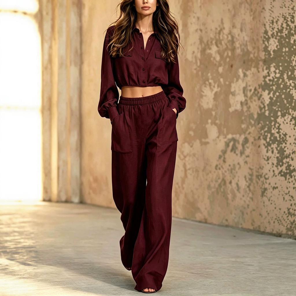 1116 Autumn New European and American Style Lapel Cropped Shirt Large Pocket Elastic Waist Wide-Leg Pants Two-Piece Set