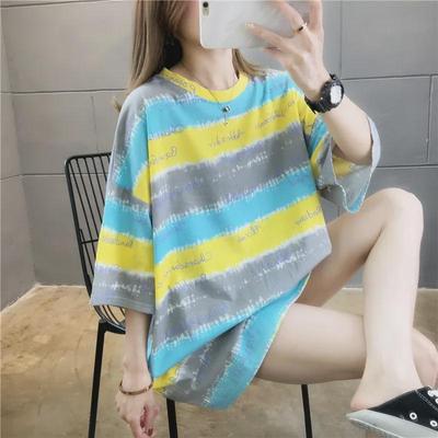 Modny T-shirt damski w luźny krój w paski z krótkim rękawem w stylu koreańskim