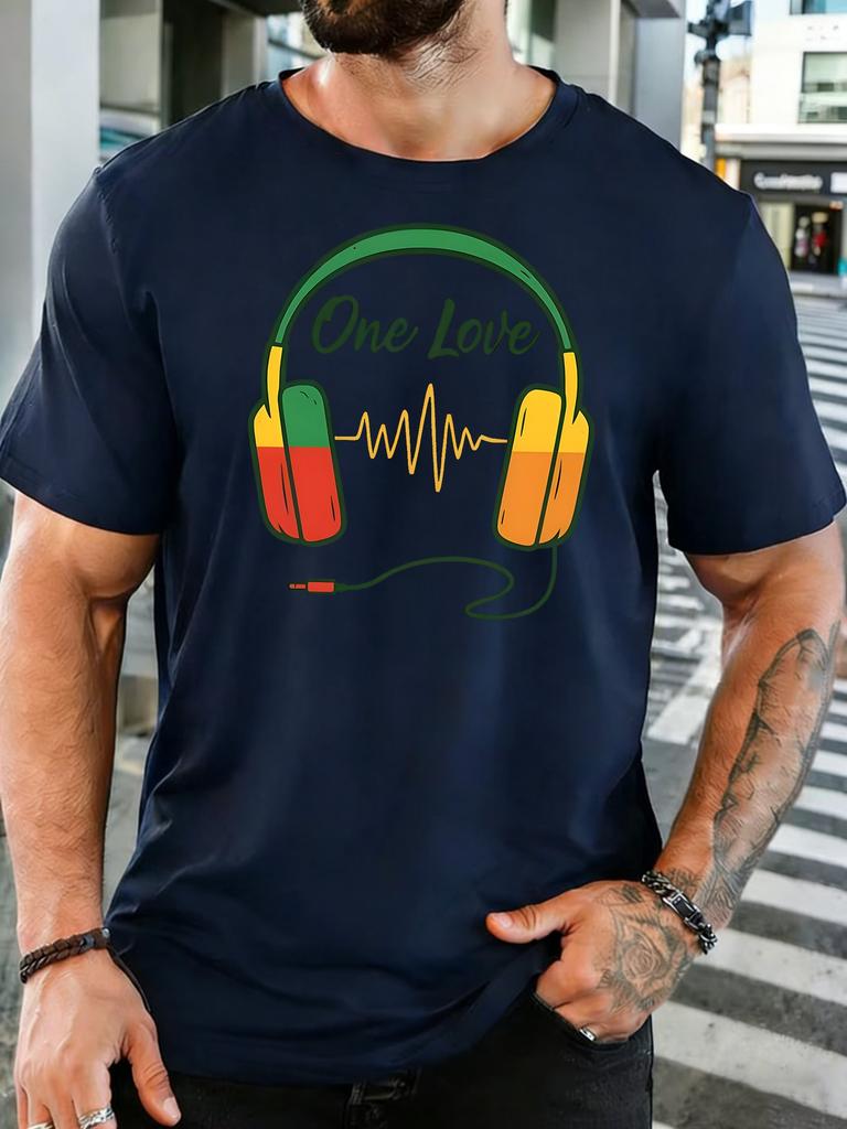 Unisex One Love Headphone Music Wave Retro Graphic Cotton Short Sleeve Tee Crew Neck Soft Male Summer Casual Breathable Street Top