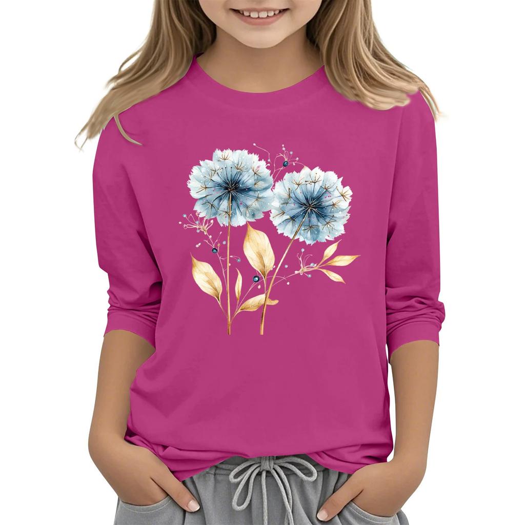 Children's 3/4 Sleeve Round Neck Flowers Print Casual Top