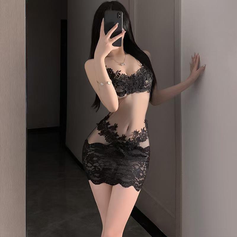 Sexy Underwear Sexy Temptation Pure Lace Hip Skirt Perspective Lace-up Neck Hollow Passion Free Pajama Skirt