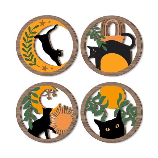 3D Cat Wall Decor 4Pcs Boho Decoration, Round Wooden Hangings, Animal Star Sun Moon Crescent Botanical Decor, Layered Wood Plaque for Living