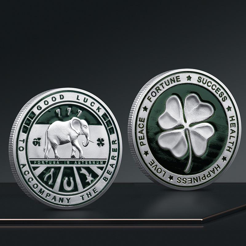 

Lucky Four Leaf Clover Painted Coin 4Cm Round Metal Souvenir Challenge Commemorative Coin For Home Decor серебряный