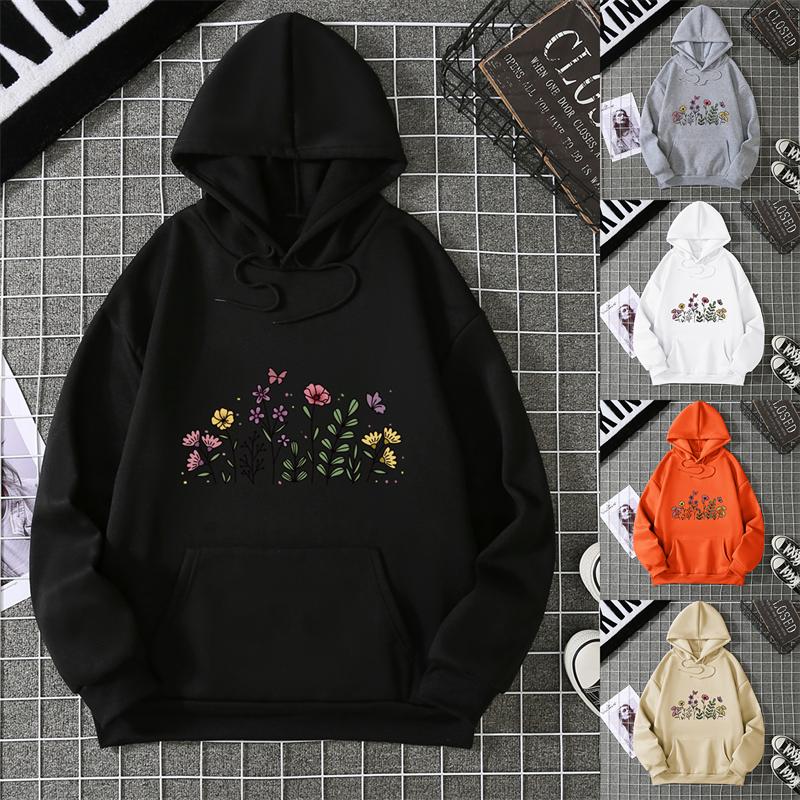 Rose Butterfly Impossible Letter Graphic Print Women Sweatshirt Fashion Warm Hooded Loose Casual Hoodies Fleece Soft Clothing