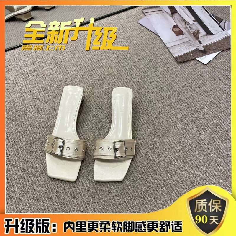 Korean Version of Square Head One-word Drag Rose Red Square Buckle Thin Belt Buckle Square Heel Temperament Low Heel Cool Slippers Women's Summer