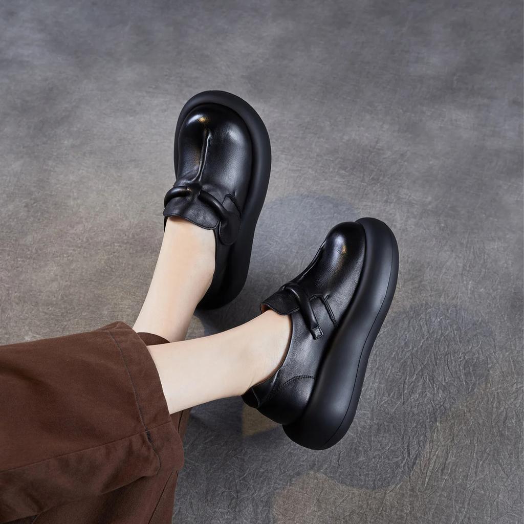Johnature Genuine Leather Thick Soled Women's Shoes Round Toe Lightweight Retro Flat Platform Shoes