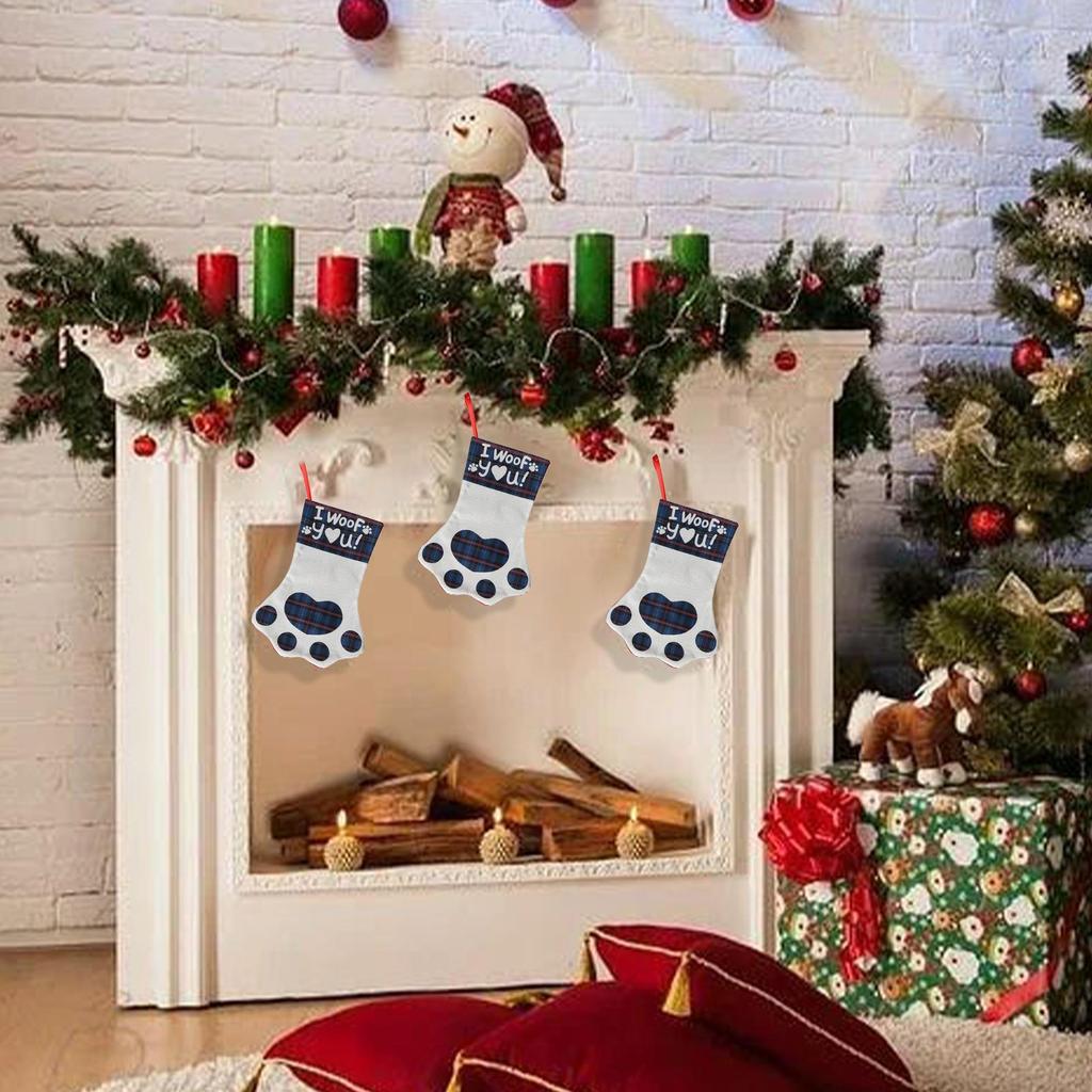 Pet Stockings Christmas Paw Print Christmas Stuffers Sock Holiday Treats Holder For Kids Girls Boys Toddler Mantle Classroom