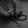 Collana Religiosa da Uomo con Pietra Vulcanica Nera e Occhio di Tigre Giallo Croce