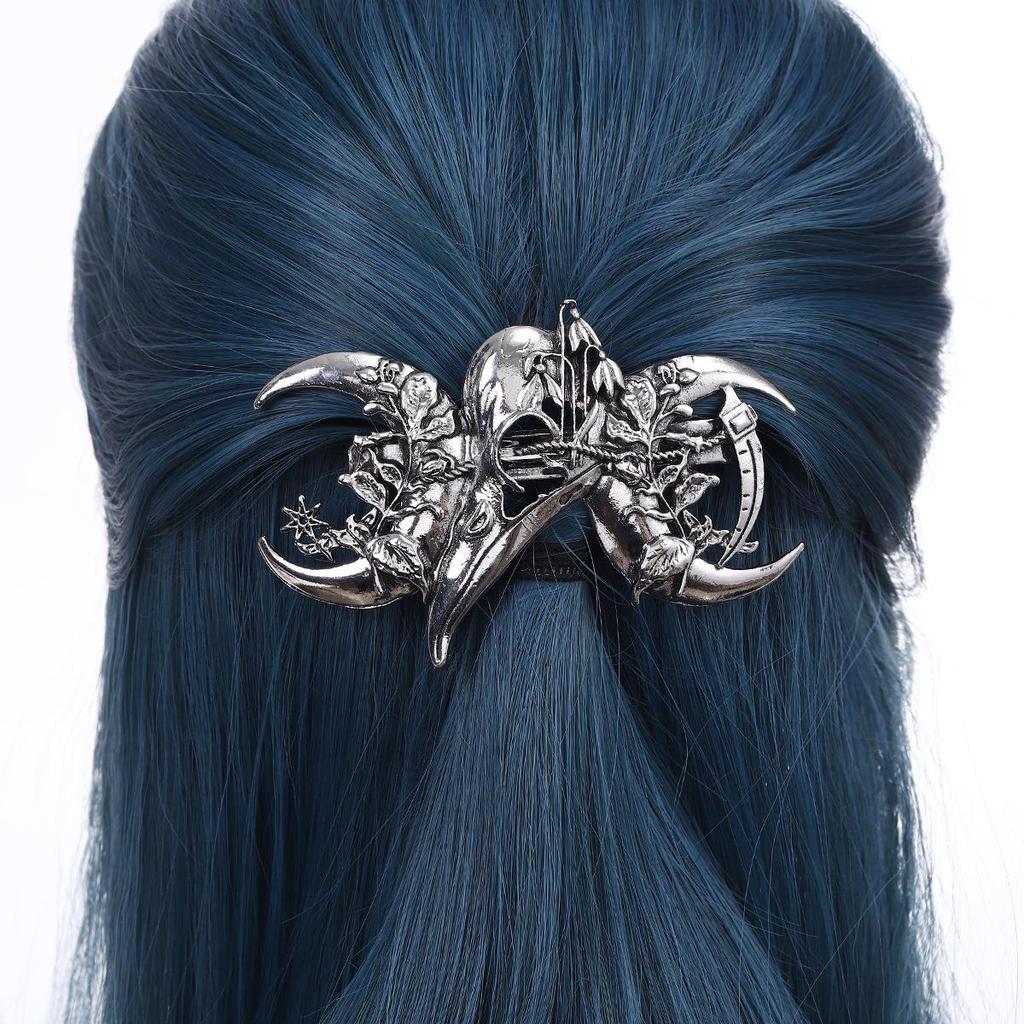Retro Viking Raven Leaf Moon Hammer Hair Clip - Punk Style Accessory