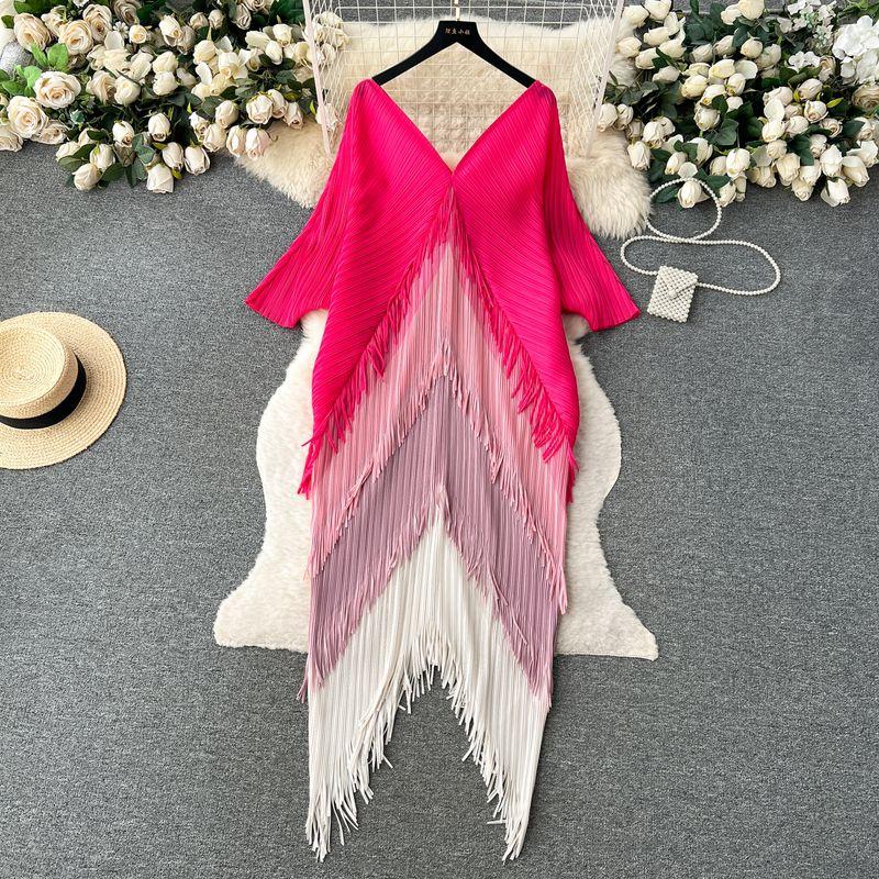

Women s Wear Niche Style Contrast Color Stitching Tassel Dress Rose Red One size
