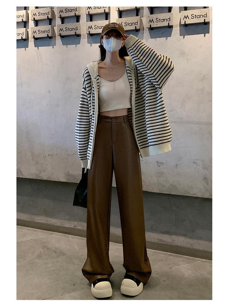 Korean Style Versatile Leather Wide-Leg Pants for Curvy Women - High Waist, Slimming, Black, Spring/Autumn.
