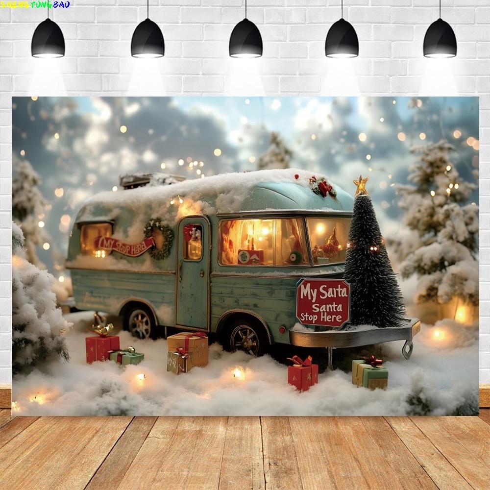 Winter Christmas Car Photography Background Camping Car Forest Xmas Trees Kids Family Portrait Decor Backdrop Photo Studio Props