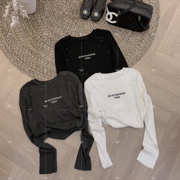 

Women s Embroidered Cashmere Fleece Long-Sleeve T-Shirt - Round Neck, 260g Thin Style, Perfect for Spring & Autumn XL белый