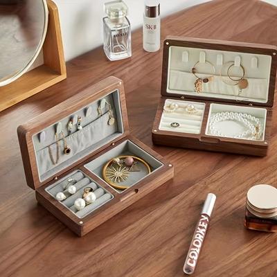 High-end Solid Wood Jewelry Box Black Walnut Wood Retro Small Thin Portable Gold Jewelry Ring Storage Box, Jewelry Boxes