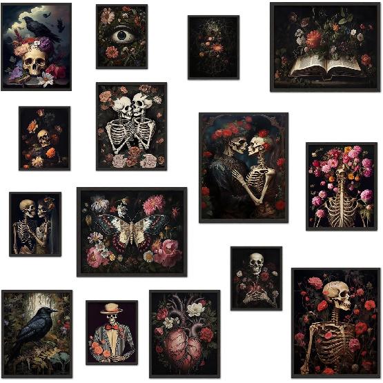 TRAMIN Romantic Gothic Wall Art, Goth Wall Art Prints, Dark Raven Skull Poster, Floral Gothic Decor For Bedroom, Moody Halloween Decor Aesthetic