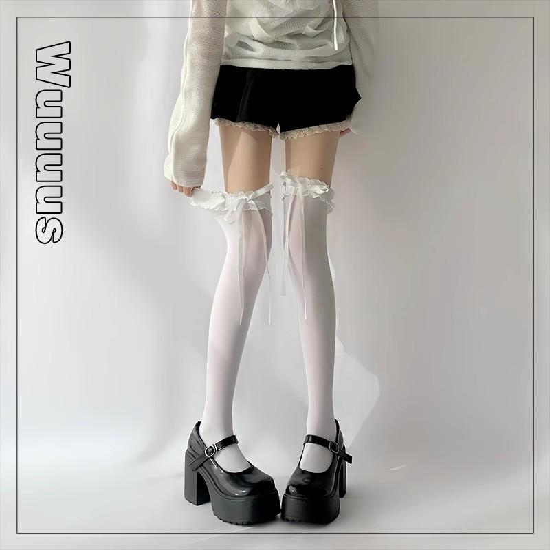 Белые чулки Детские Весенние и Осенние Стример Кружевной Бант Однотонные Носки До Колена Jk Носки До Колена One size fits all