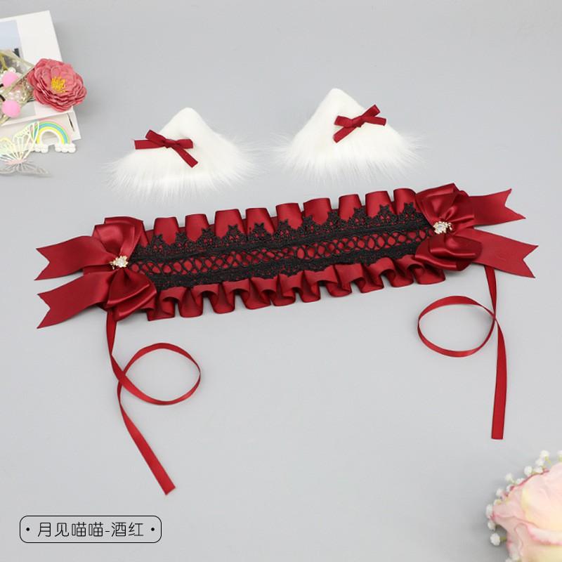 Sweet Lolita Hair Accessory Set: Handmade Bow Clips Cat Ear Headband Wide Ribbon Hairband Anime Cosplay