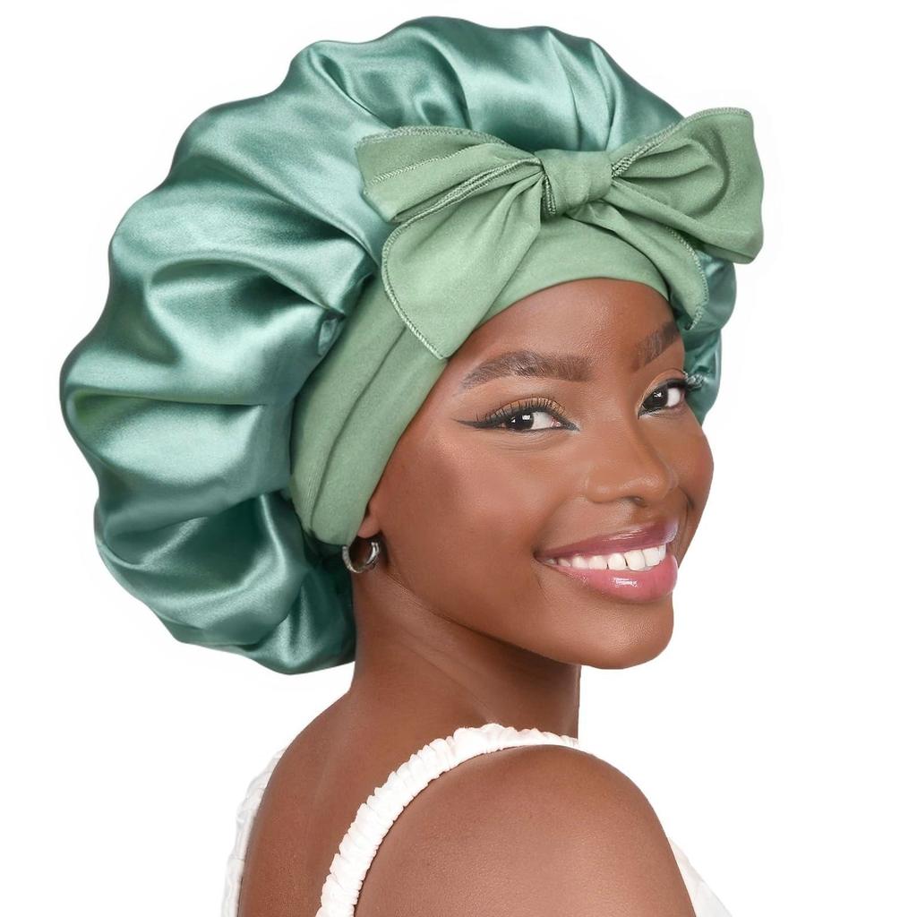 Double-Layer Satin Bow Tie Sleep Cap for Women - Reversible Bandana Style Bonnet for Hair Care