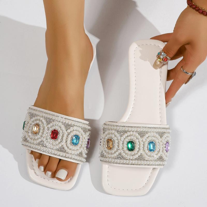 Luxury Colorful Big Rhinestone Decoration Slides Women 2025 Summer Square Toe Low Heel Slippers Pearl Chain Beach Sandals Women