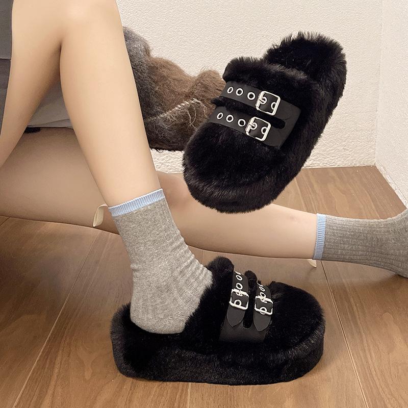 2025 ytterkläder höst och vinter nya tjockbottnade fluffiga tofflor väskhuvud halvtoffel dam uppbyggd förtjockad hem inomhus bomullstofflor