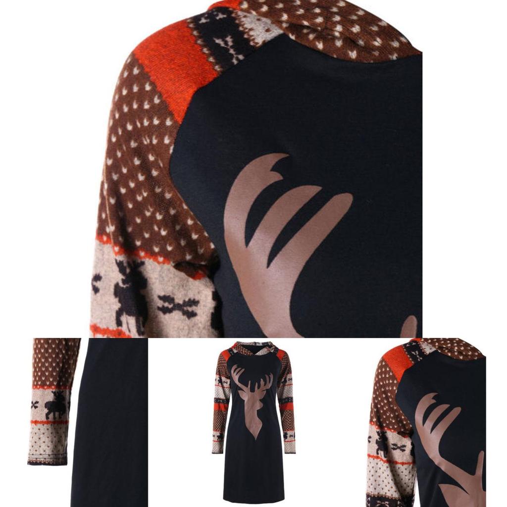 Hot Lady Women Dress Christmas Elk Print Long Sleeve Hooded Evening Party Dress For Festive Occasions