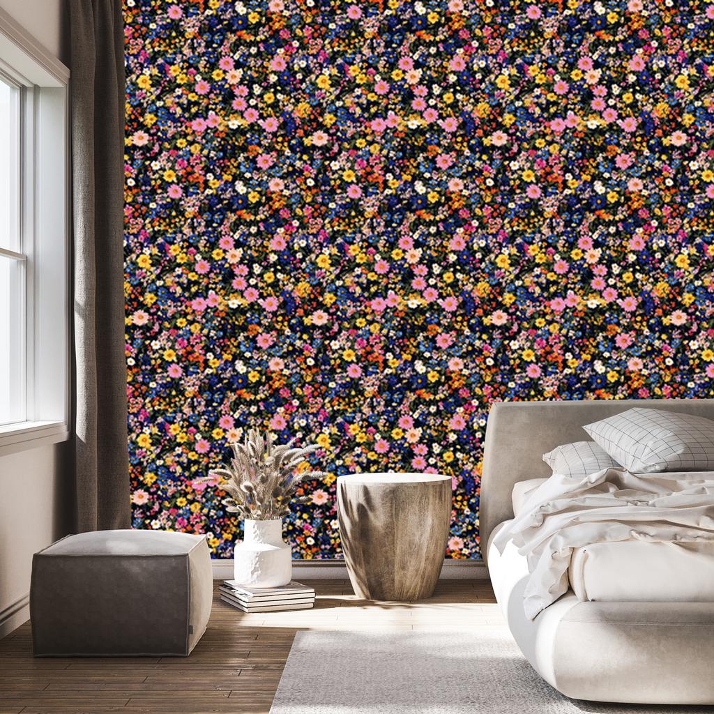 Wild Flowers Wallpaper Navy Blue and Brown for Living Room and Bedroom 50x1000