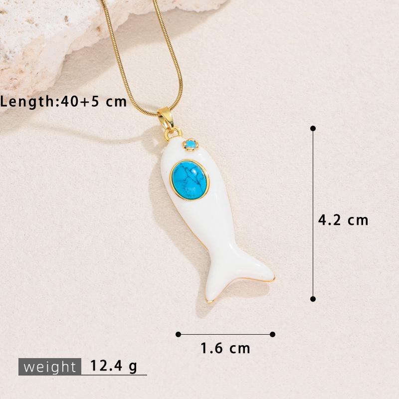 Enamel and Natural Stone Fish Pendant Necklace with Clavicle Chain