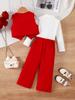 British Style Girls' V-Neck Suit Set: Includes Solid Base Layer & Trousers