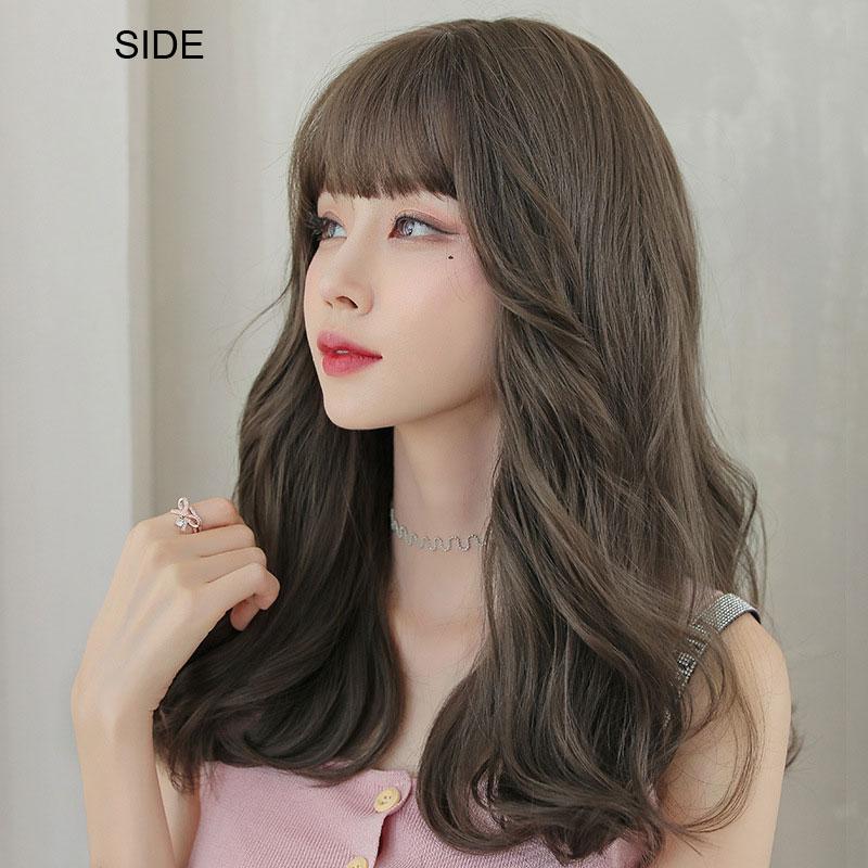 Women's Fashion Front Lace Heat Resistant Fluffy Wig Ladies Daily Use Natural Looking Synthetic Fiber Long Wavy Wig with See Through Bangs