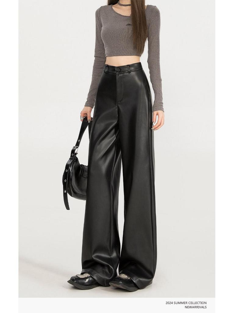 Korean Style Versatile Leather Wide-Leg Pants for Curvy Women - High Waist, Slimming, Black, Spring/Autumn.