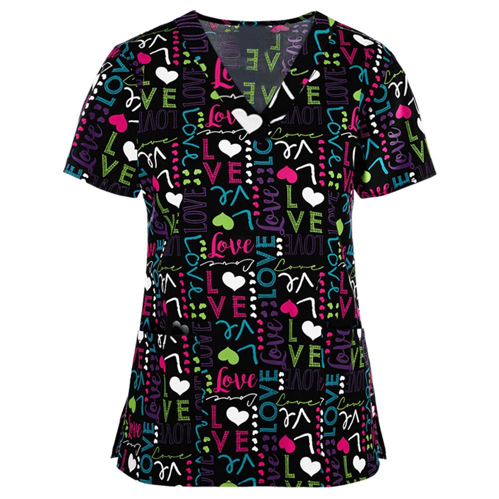 Women s Medical Uniforms Elegant Heart Print Dental Surgical Uniforms V Neck Short Sleeve Black Scrubs Medical S