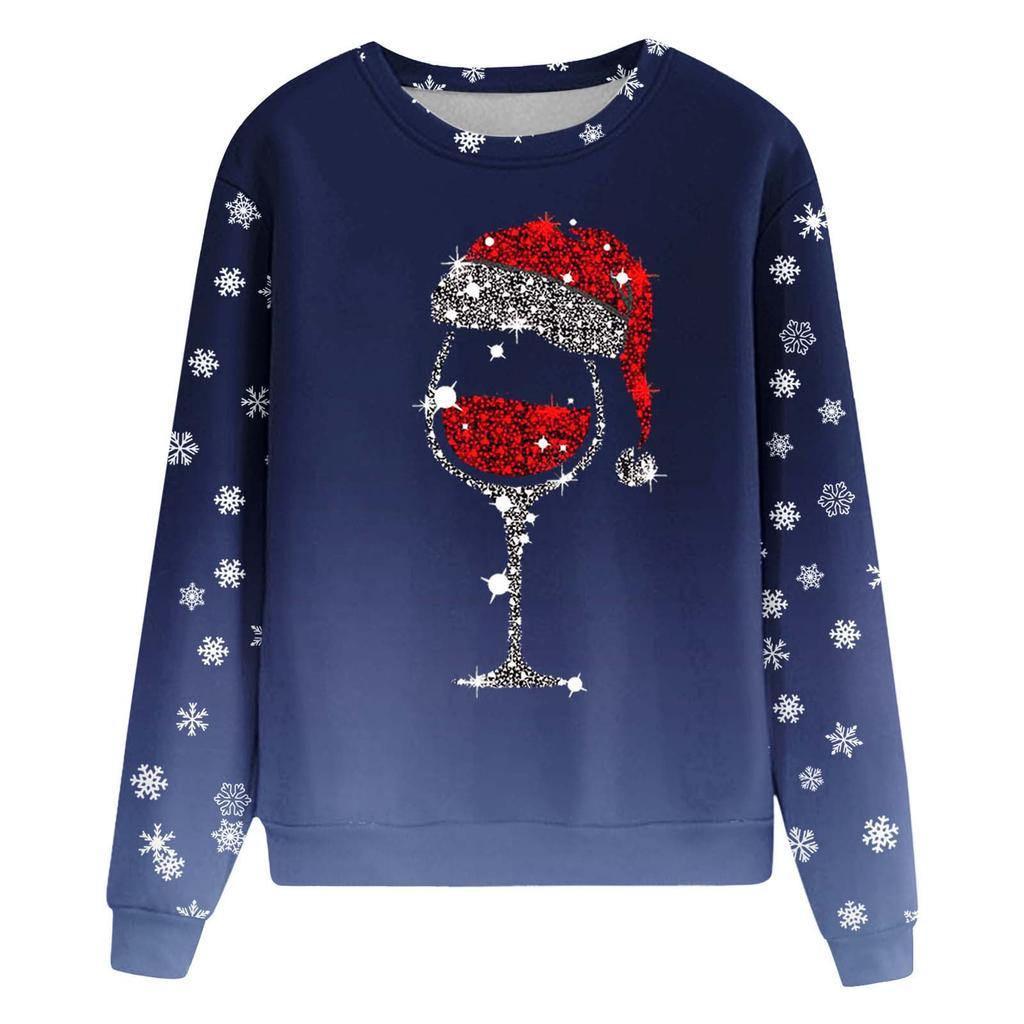 2025 Podzim a Zima Vánoční Sklenice na víno Potištěné Tričko Dámské Kulatý výstřih Dlouhý rukáv Dámská Mikina